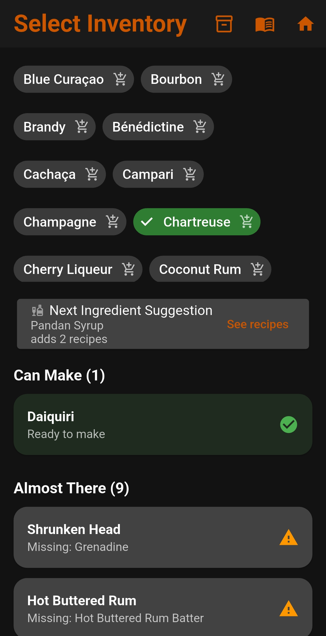 CocktailScan showing cocktails that can be made and drinks that are almost available