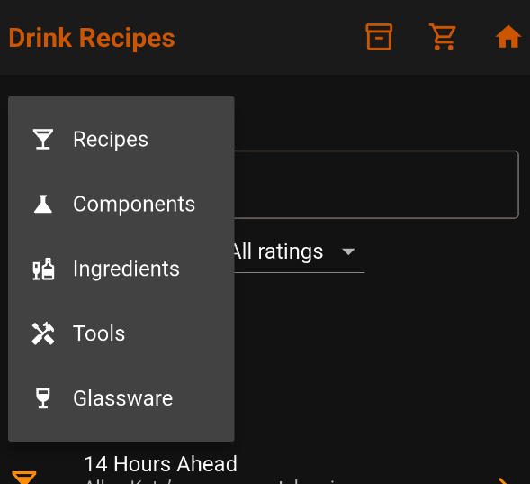 Library menu listing Recipes, Components, Ingredients, Tools, and Glassware
