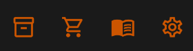 Orange storage box, shopping cart, open book, and gear icons, from left to right.