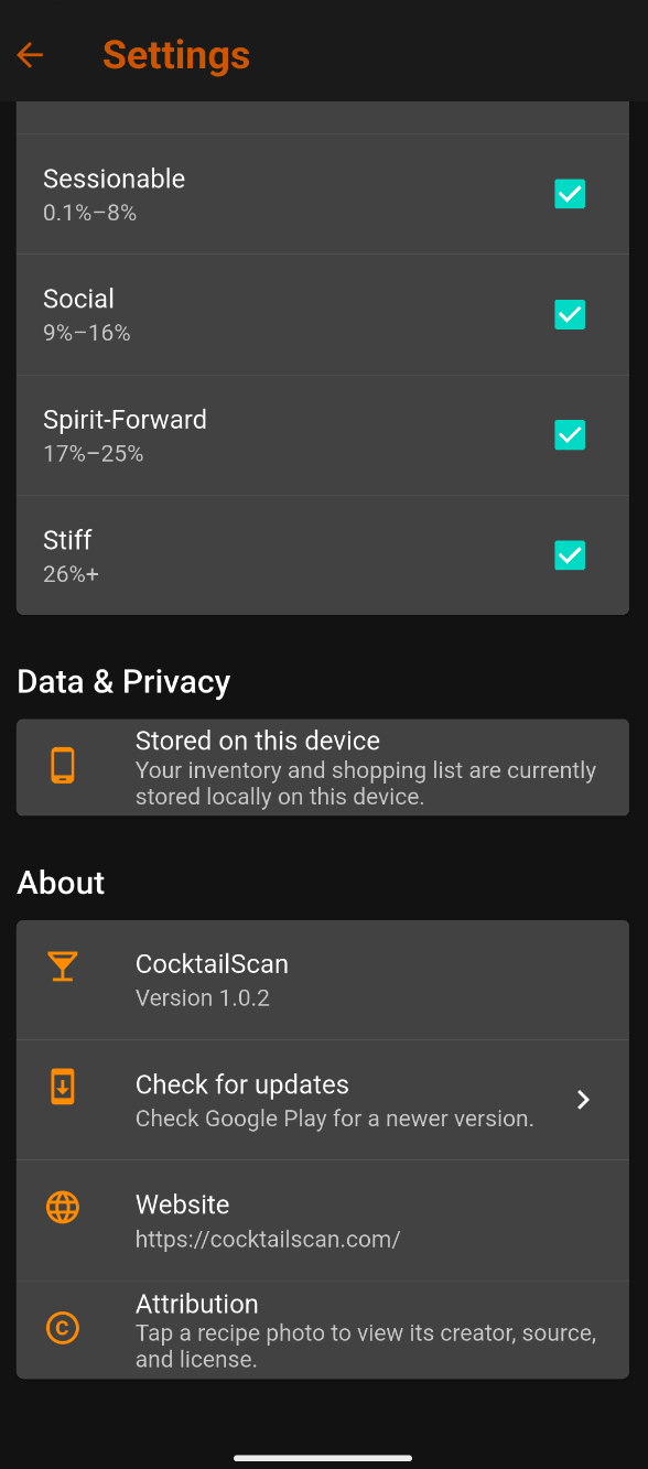 Settings showing additional ABV filters, local device storage, version, updates, website, and attribution