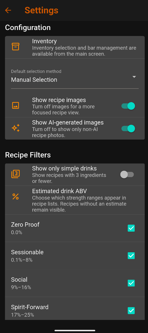 Settings showing selection method, image controls, simple drinks, and estimated ABV filters