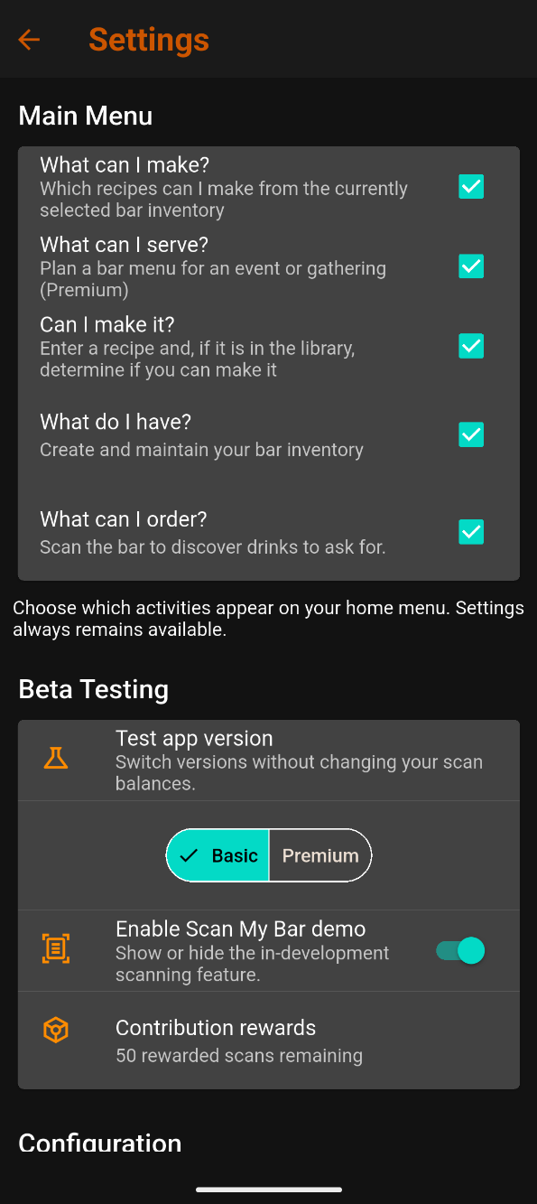Settings showing main-menu customization and beta testing controls
