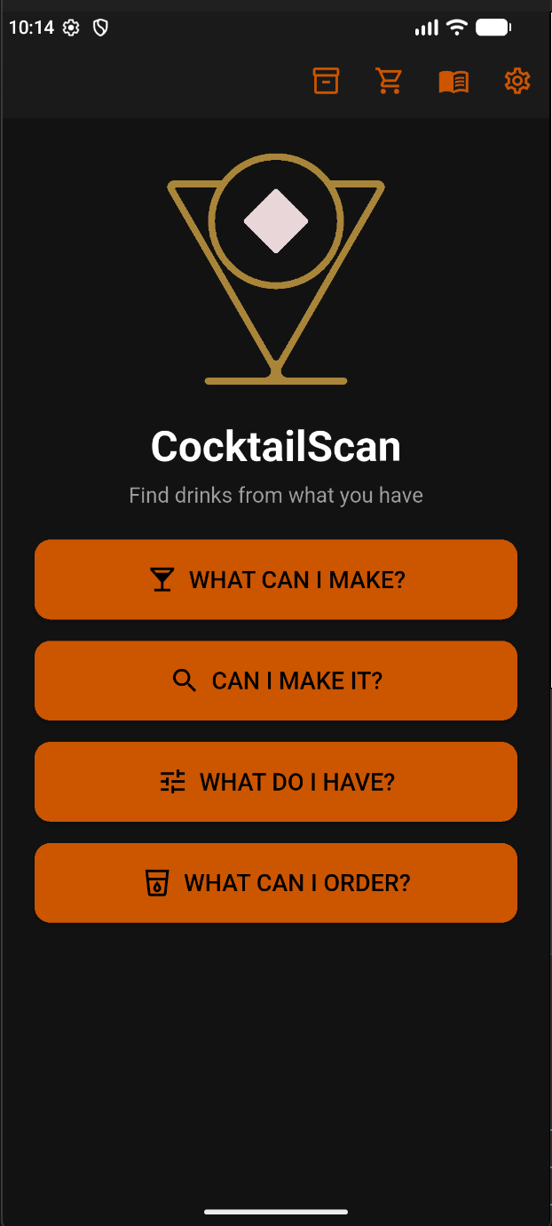 Complete CocktailScan Standard main menu, showing the four top-row icons, CocktailScan logo, and all four activity buttons.