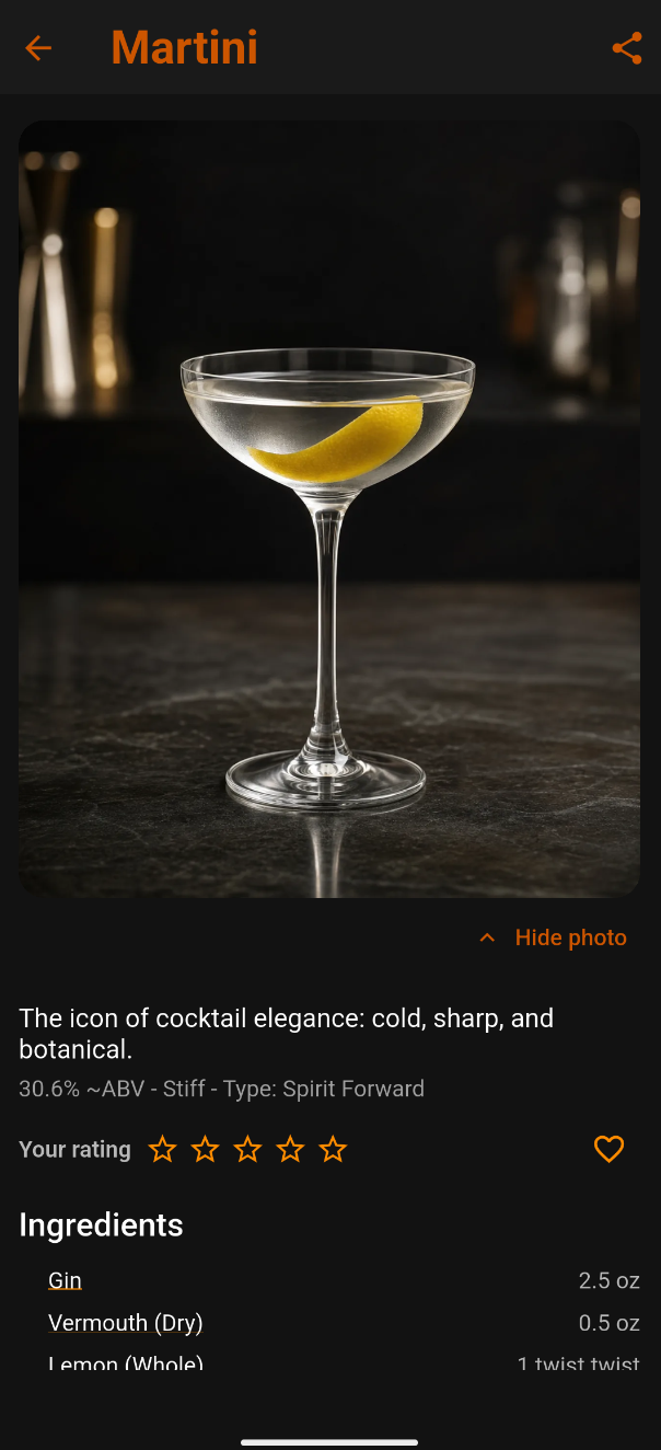Martini recipe showing its photo, ingredients, rating stars, favorite heart, and share icon