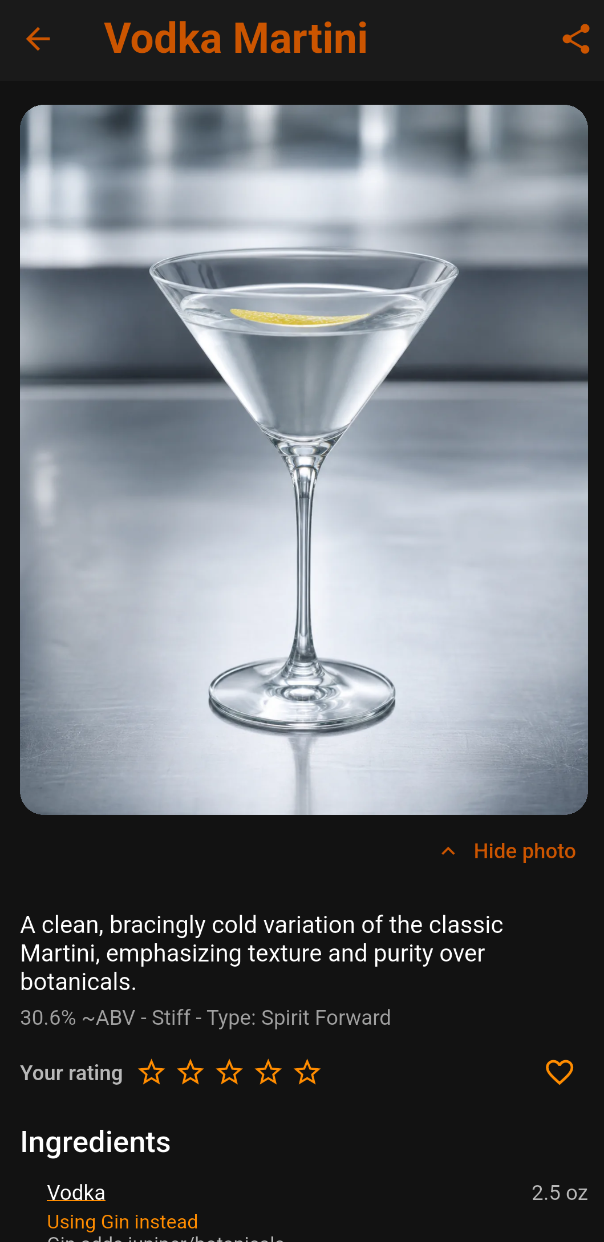 Vodka Martini recipe highlighting Using Gin instead under the Vodka ingredient
