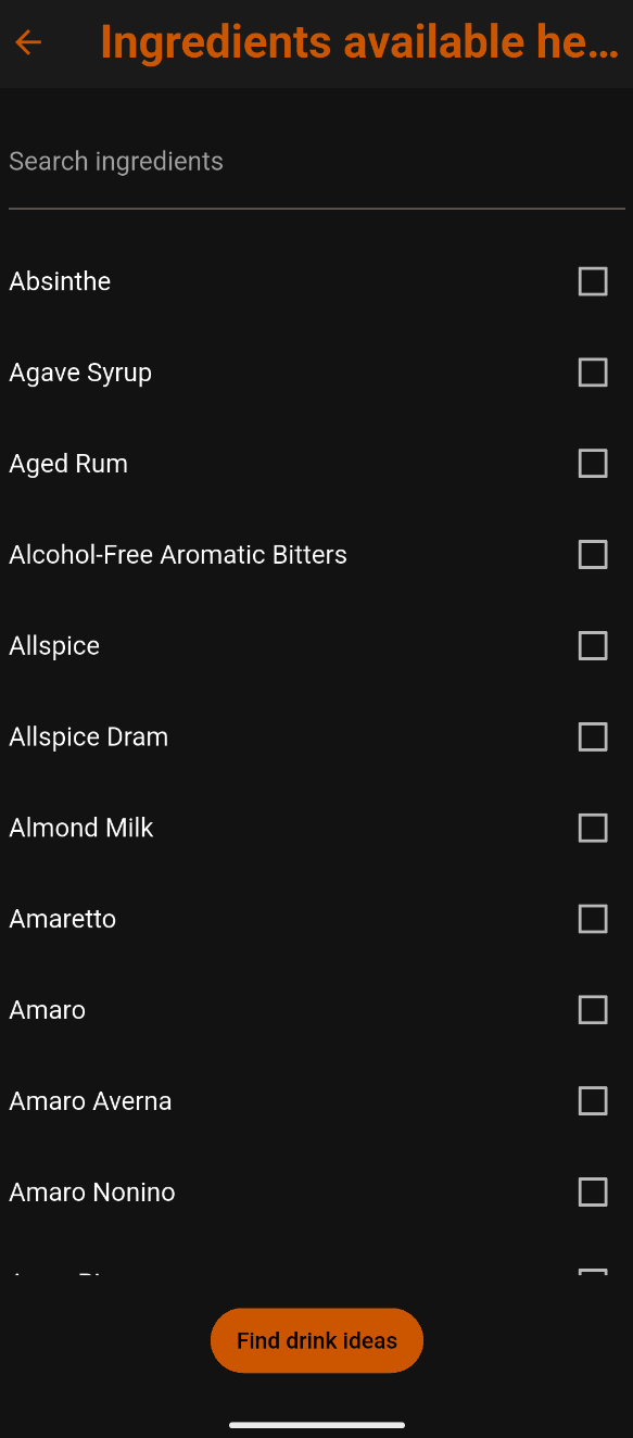 Manual ingredient entry with search, ingredient checkboxes, and Find drink ideas button