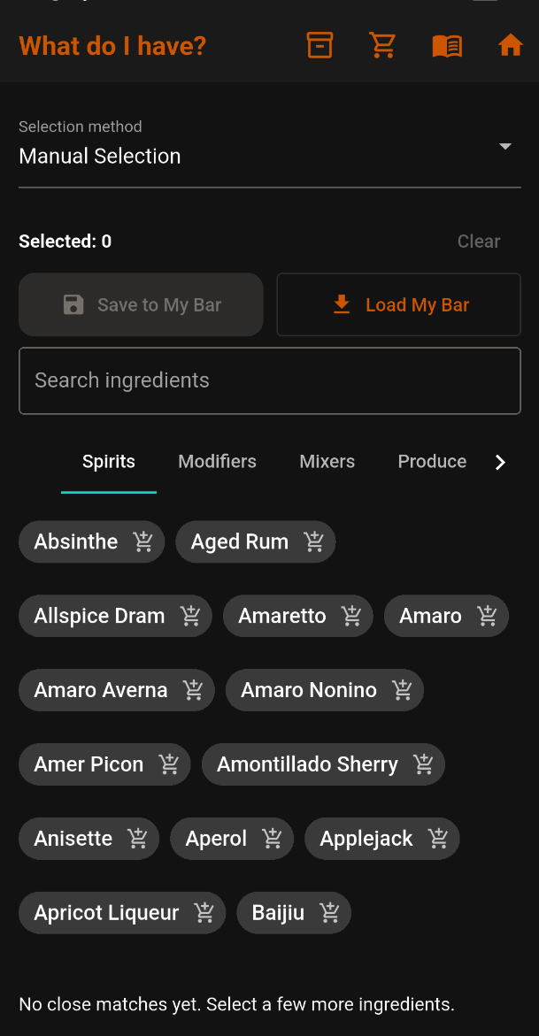 Complete What Do I Have screen with manual selection and no ingredients selected