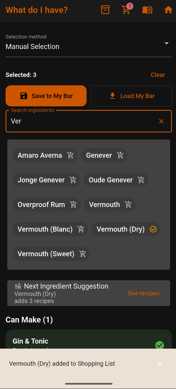 Add a suggested ingredient to Shopping List