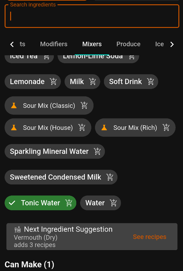 Find Tonic Water under Mixers
